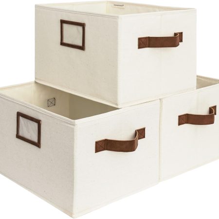 Shelf storage basket (3-pack)—large collapsible fabric closet storage bin with PU leather handles, ivory white