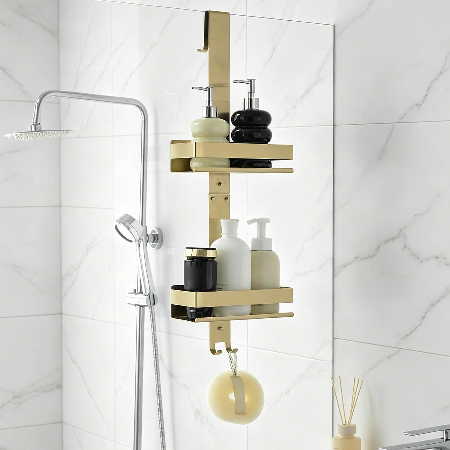 Hanging Over Door Shower Caddy - No Drilling Organiser Rust-Resistant Shower Organizer Hanging, 2 Tier Bathroom Storage Rack Shelves With Hook (Gold)