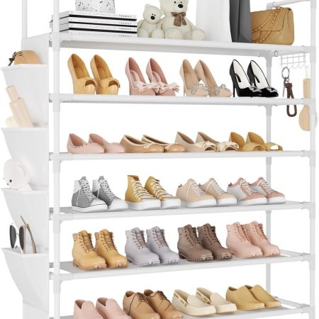 6 Tier Shoe Rack Storage for 24-30 Pairs Shoe and Boot, Shoe Organizer with Hook and Side Pocket Free Standing Long Shoe Shelf Tall Shoe Rack Organizer for Closet, Entryway, Dorm, White