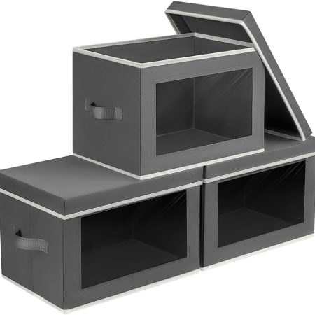 Storage Bins with Lids - Fabric Storage Boxes with Lids, Collapsible Storage Bins with Window, Decorative Closet Organizers and Storage for Clothes, Towels, Books, 3 Pack, Dark Grey