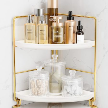 2-Tier Corner Bathroom Countertop Organizer, Kitchen Spice Rack Makeup Storage Shelf Vanity Bedroom Storage Tray (Gold)