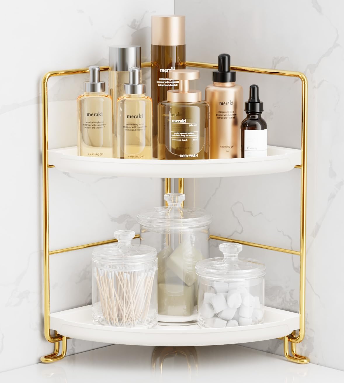 2-Tier Corner Bathroom Countertop Organizer, Kitchen Spice Rack Makeup Storage Shelf Vanity Bedroom Storage Tray (Gold)