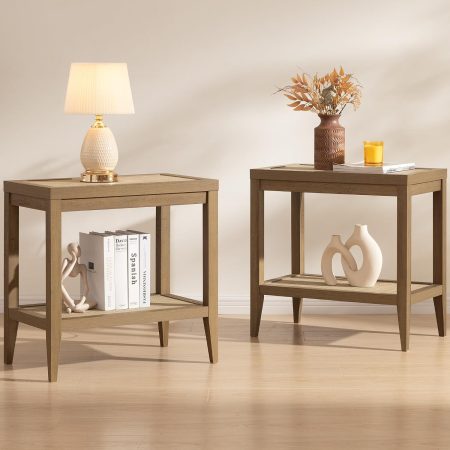 Rattan Nightstands Set of 2 Bedside Table - Boho Narrow End Table Living Room Set of 2 Side Table with Rattan Storage Shelves for Small Space