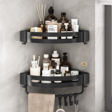 Corner Shower Caddy, 2 Pack Bathroom Shower Shelf No Drill Self Adhesive Shower Organiser with Hooks & Towel Pole, Black Shampoo Holder Bathroom Storage Rack for Shower,Wetroom