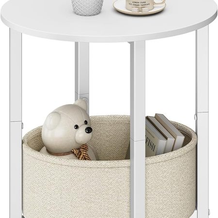 Round Side Table End Table with Storage Basket, Small Side Table Round Nightstand for Small Spaces, Tall Oval End Table with Steel Frame, Coffee Bedside Table for Living Room Bedroom, White