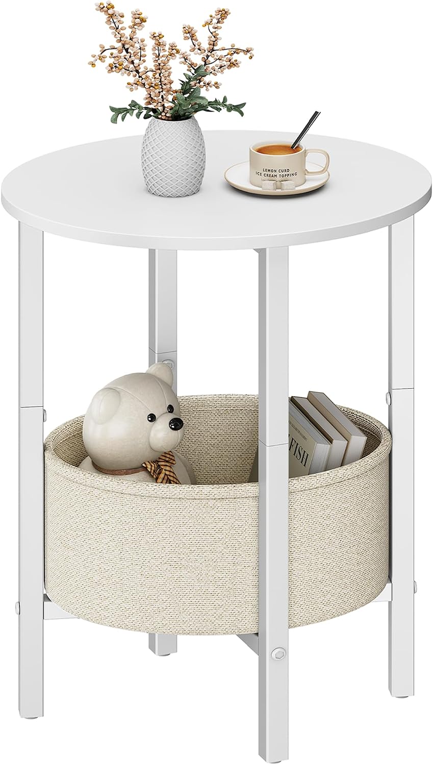 Round Side Table End Table with Storage Basket, Small Side Table Round Nightstand for Small Spaces, Tall Oval End Table with Steel Frame, Coffee Bedside Table for Living Room Bedroom, White