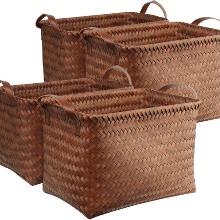 Handwoven Clothes Basket Laundry Hampers Large Wicker Storage Baskets for Shelves Blankets Closet Storage Bins Car Bedroom Bathroom Organizers and Storage Bath (Pack of 4, Brown)