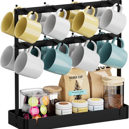 Coffee Mug Holder with 16 Movable Hooks, Metal Coffee Cup Holder for Countertop, 2 Tier Mug Rack with Storage Shelf for Kitchen Office Coffee Mug Rack