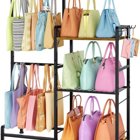 Purse Storage Organizer for Women, 3-Tier Max Purse Storage Stand Rack Holder & Bag Shelf for Closet,12 Fixed Hooks& 3 Side Hooks,Keeping Purses Visible,Purse Display & Bag Organizer for Various Bags