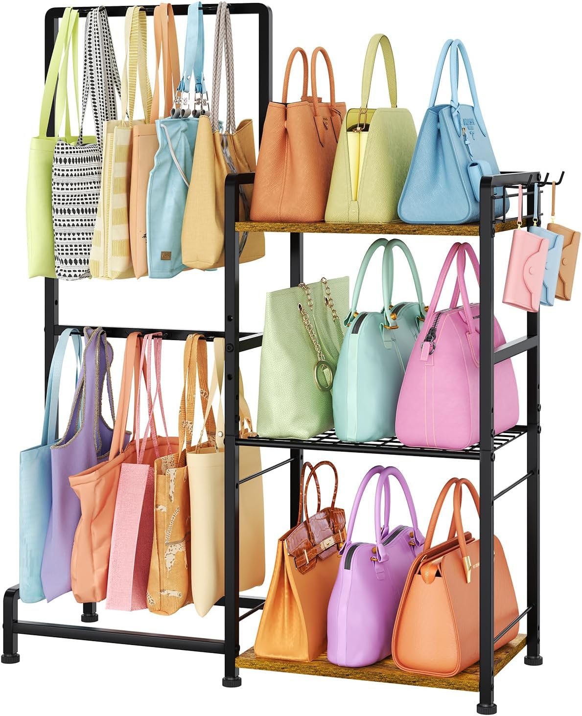 Purse Storage Organizer for Women, 3-Tier Max Purse Storage Stand Rack Holder & Bag Shelf for Closet,12 Fixed Hooks& 3 Side Hooks,Keeping Purses Visible,Purse Display & Bag Organizer for Various Bags