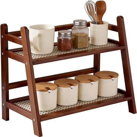 Kitchen Organiser 2 Tiers Bamboo Imitation Rattan Weaving Decorative Kitchen Spice Rack Standing Kitchen Storage & Organisation Coffee Pads Storage, Cup Holder (Brown 40)