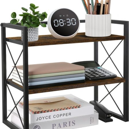 Desktop Shelf Organizer, 2 Tier Office Shelves, Wood Desk Organizer Storage Rack and Freestanding Display Shelf for Office, Dormitory, Home