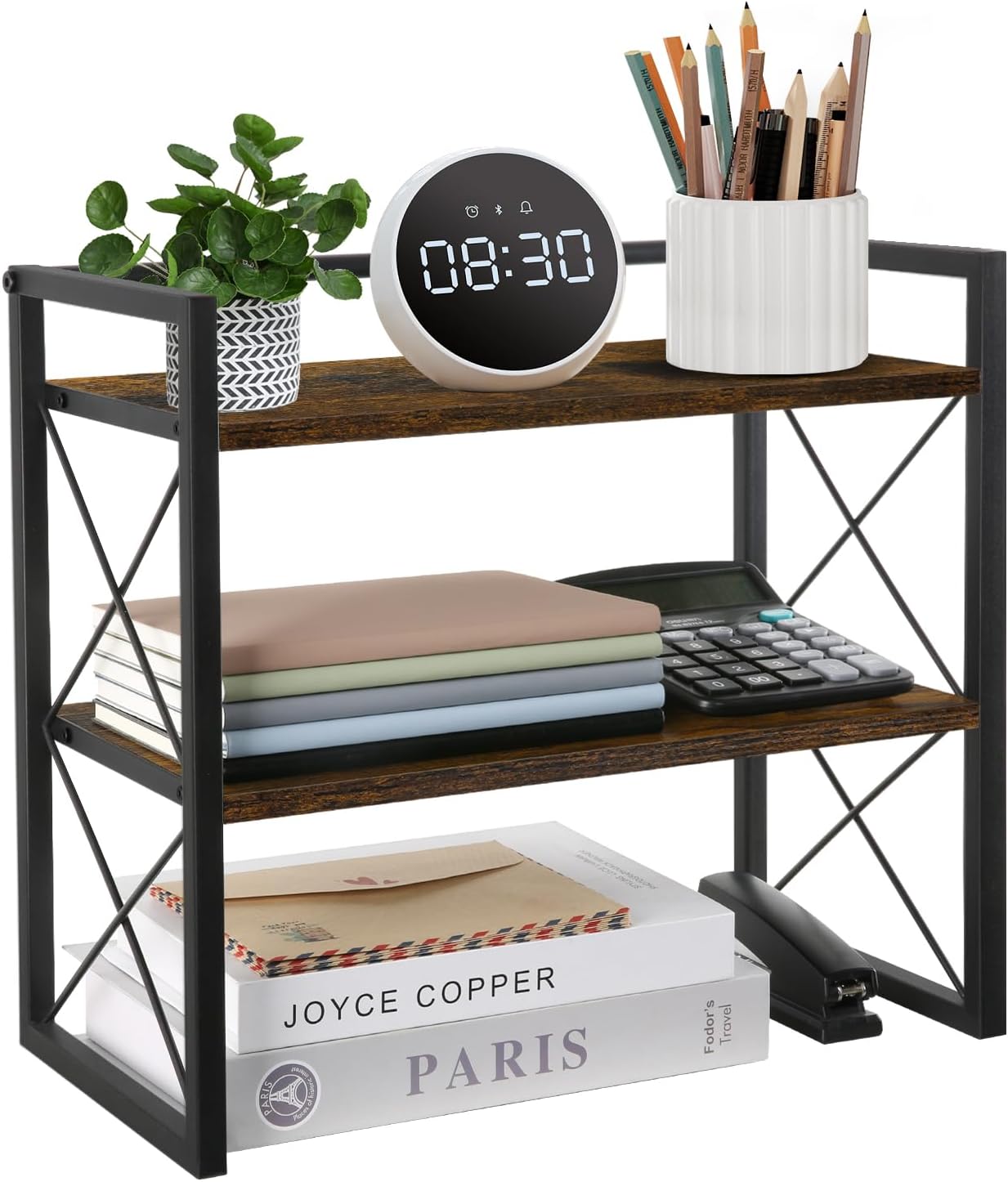 Desktop Shelf Organizer, 2 Tier Office Shelves, Wood Desk Organizer Storage Rack and Freestanding Display Shelf for Office, Dormitory, Home