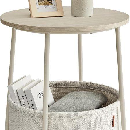 Small Modern Round Side Table with Fabric Basket for Living Room, Bedroom, Cream White