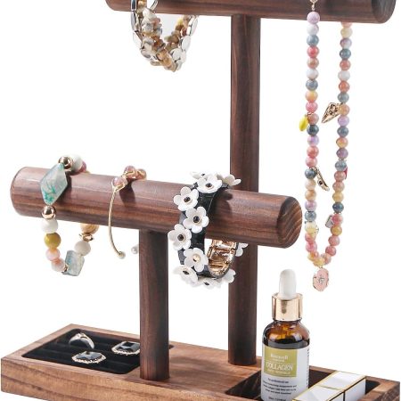 Bracelet Holder, Bracelet Display Stand for Vendors, T-Bar Necklace Scrunchie Wooden Storage Rack, Bangle Watch Jewelry Display Tower (2 Tier)