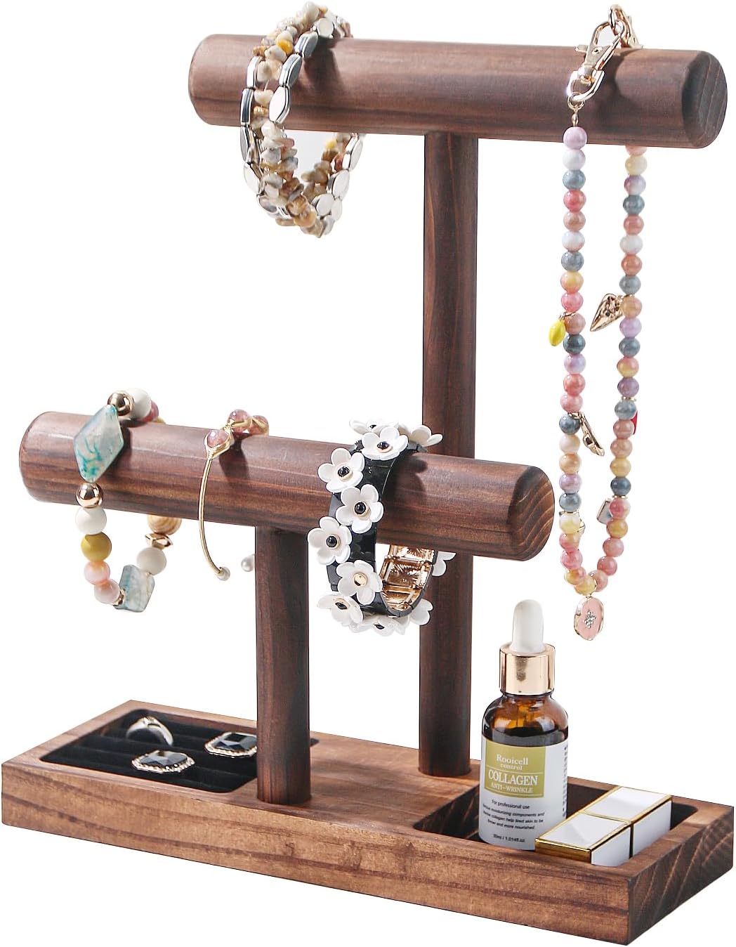 Bracelet Holder, Bracelet Display Stand for Vendors, T-Bar Necklace Scrunchie Wooden Storage Rack, Bangle Watch Jewelry Display Tower (2 Tier)