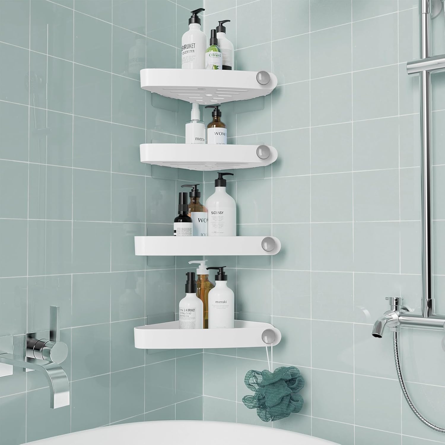 Shower Caddy Corner, 4 Pack Adhesive Corner Shower Shelves for Bathroom Organizers and Storage, Rust Free Plastic Rack for Bathroom Accessories & Decor, White