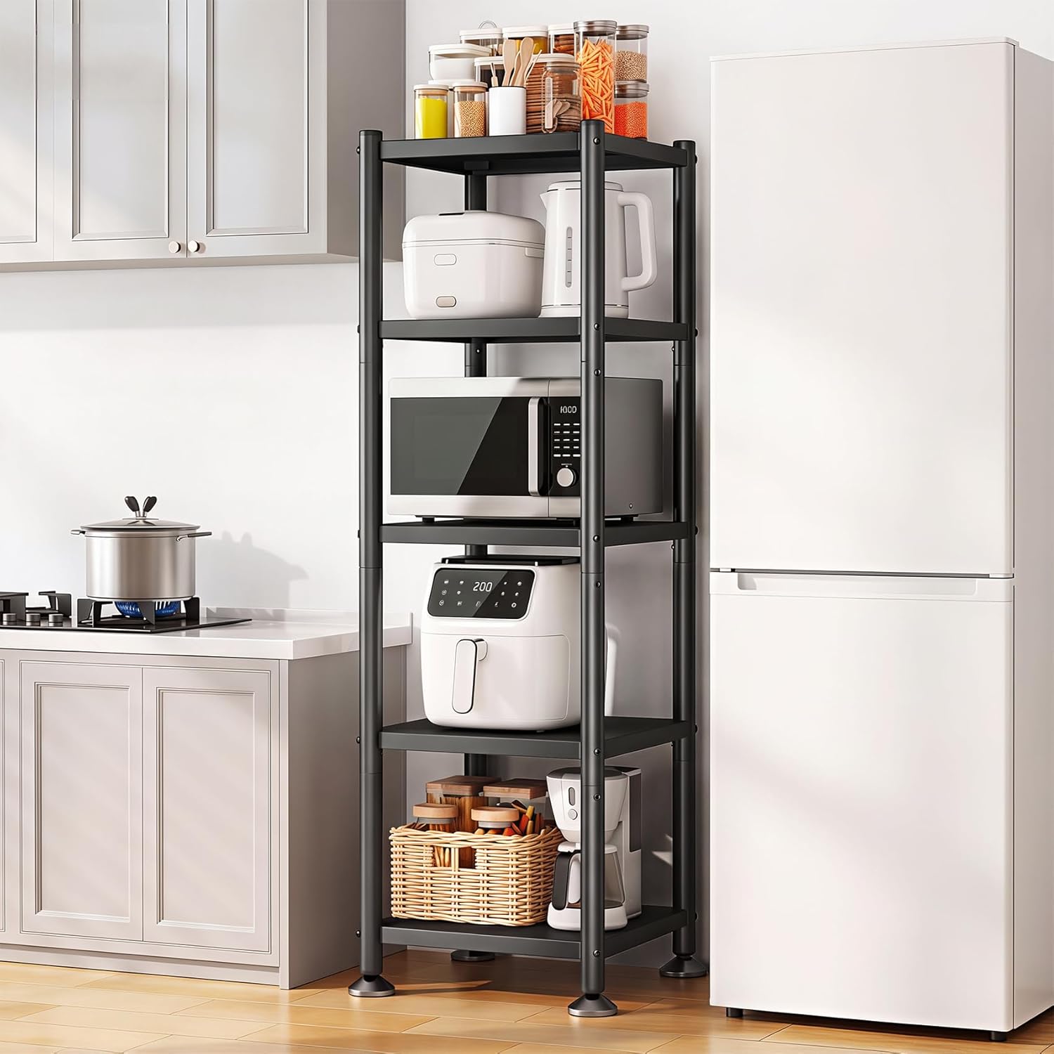 5-Tier Kitchen Storage Shelves, Adjustable Metal Shelves for Storage Pantry Shelves with Rolling Wheels, Storage Rack Shelving Unit Organizer for Bedroom Laundry Closet