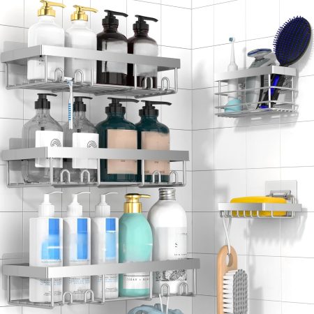 Grey Shower Caddy Organizer Shelves Rack - 5 Pack Corner Bathroom Storage Organization, Home & Kitchen Decor Inside RV Accessories, Hanging First Apartment Household Camper Essentials