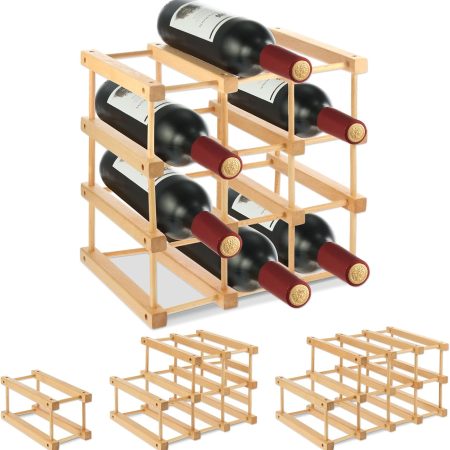 Wooden Wine Rack, 12-Bottle Stackable Wooden Wine Rack, Stackable Modular Wine Storage Racks, DIY Assembly Wine Bottle Holder for Inside Cabinet and Countertop
