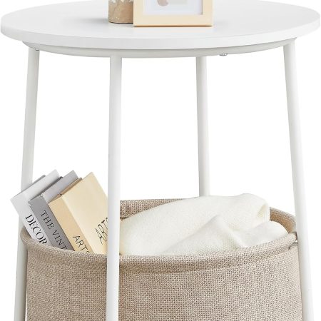 Small Round Side End Table, Modern Nightstand with Fabric Basket, Matte White and Camel Brown