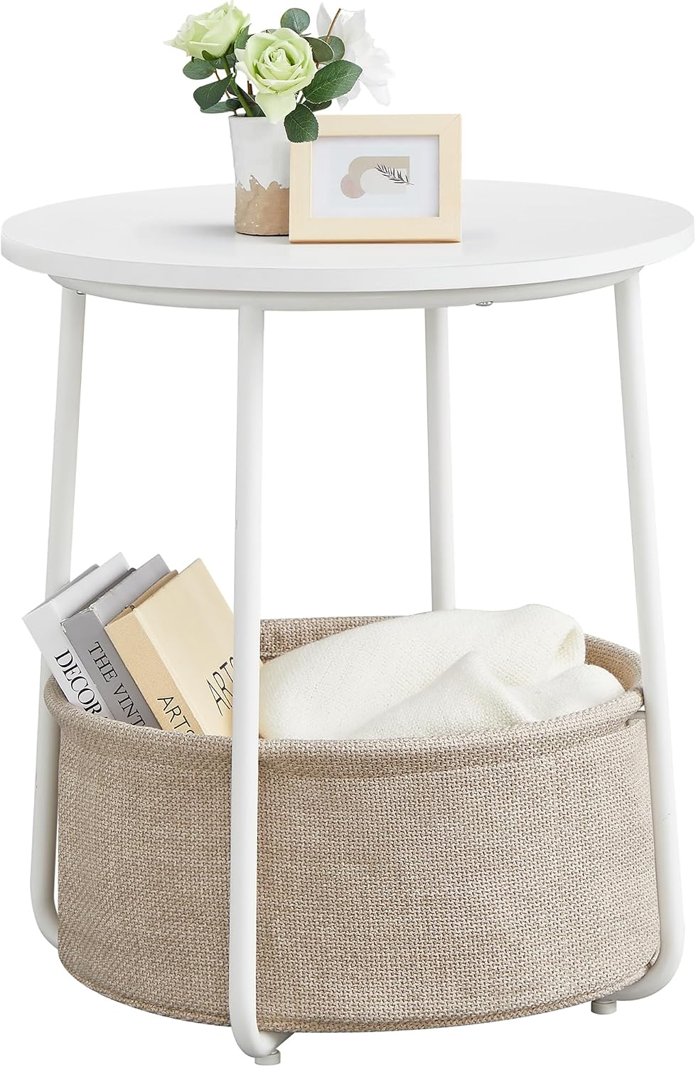 Small Round Side End Table, Modern Nightstand with Fabric Basket, Matte White and Camel Brown