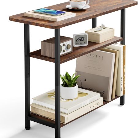 Side Table for Living Room, 3-Tier Side Table for Small Space with Wide Shelf, Rustic Brown Narrow Nightstand for Bedroom, Sofa, Couch