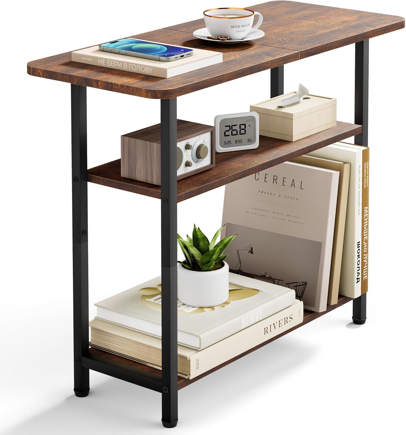 Side Table for Living Room, 3-Tier Side Table for Small Space with Wide Shelf, Rustic Brown Narrow Nightstand for Bedroom, Sofa, Couch