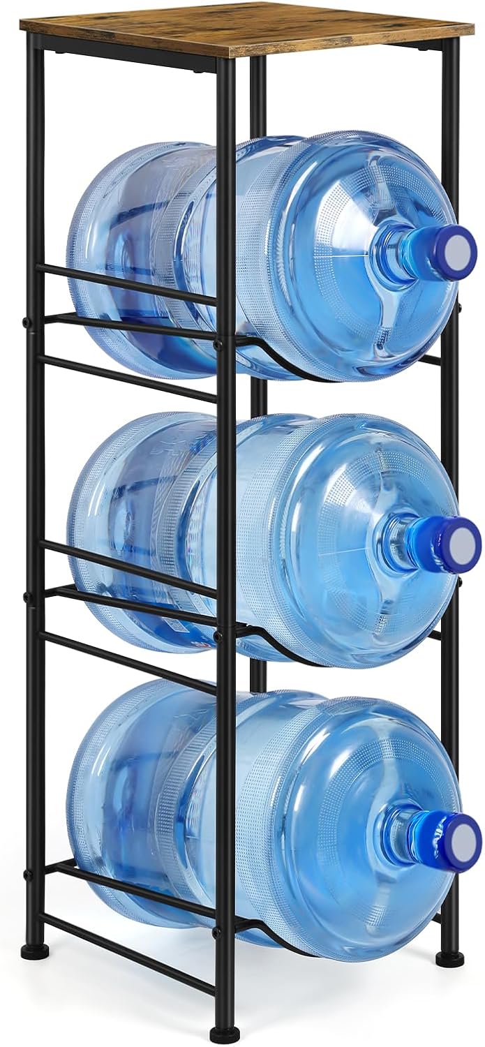 5 Gallon Water Bottle Jug Holder 3-Tier Water Bottle Holder Organizer with Top Shelf, Heavy Duty Water Dispenser Stand Rack for Kitchen Living Room Office, Rustic Brown