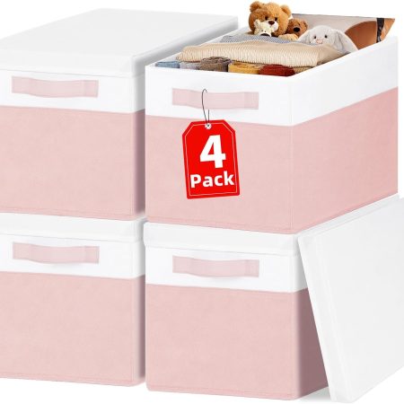 Large lidded closet storage bin (4-pack)—pink storage basket suitable for shelves, nurseries, bedrooms, dorms, and RVs; stackable decorative storage box with handles for clothes, bags, blankets, and towels