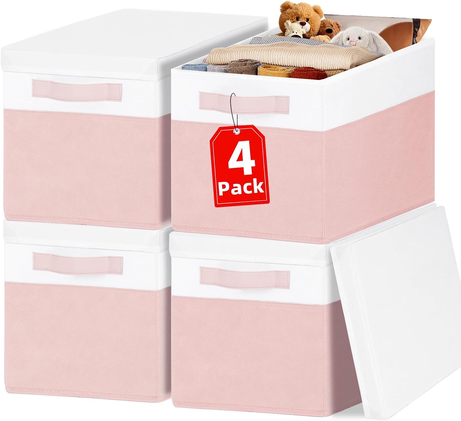 Large lidded closet storage bin (4-pack)—pink storage basket suitable for shelves, nurseries, bedrooms, dorms, and RVs; stackable decorative storage box with handles for clothes, bags, blankets, and towels