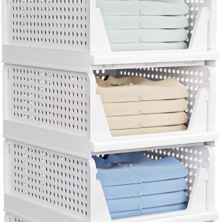 Stackable closet storage basket 5-pack—multifunctional collapsible wardrobe storage bin, space-saving, suitable for closets, cupboards, and drawers (for hats, etc.), white