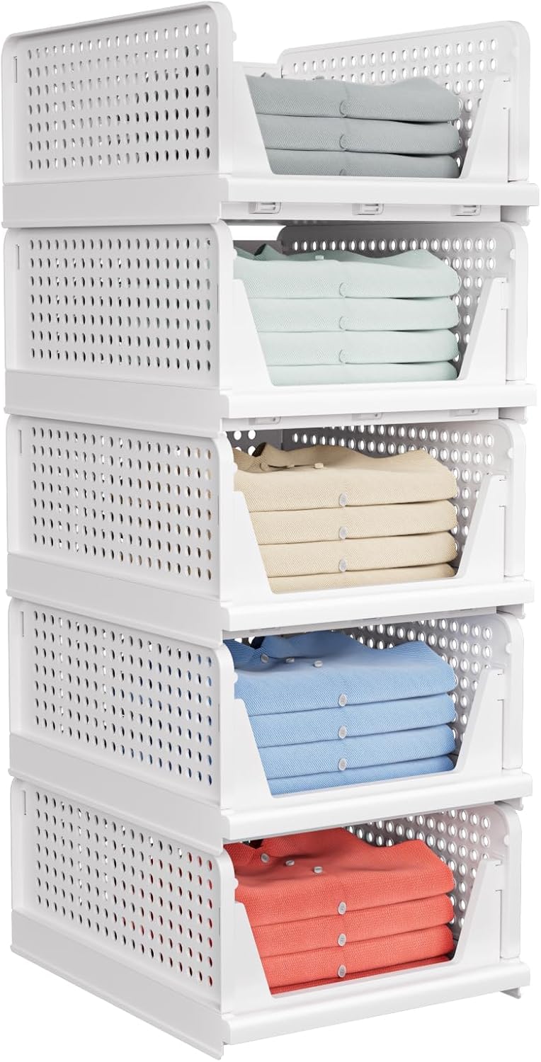 Stackable closet storage basket 5-pack—multifunctional collapsible wardrobe storage bin, space-saving, suitable for closets, cupboards, and drawers (for hats, etc.), white