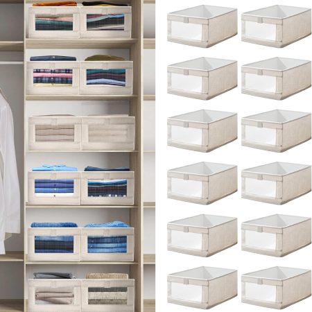 12 Pack Linen Organizers and Storage, Closet Storage Bins Linen Closet Baskets for Organization Foldable Organizer Bins with Clear Window for Organizing Clothing, Beige