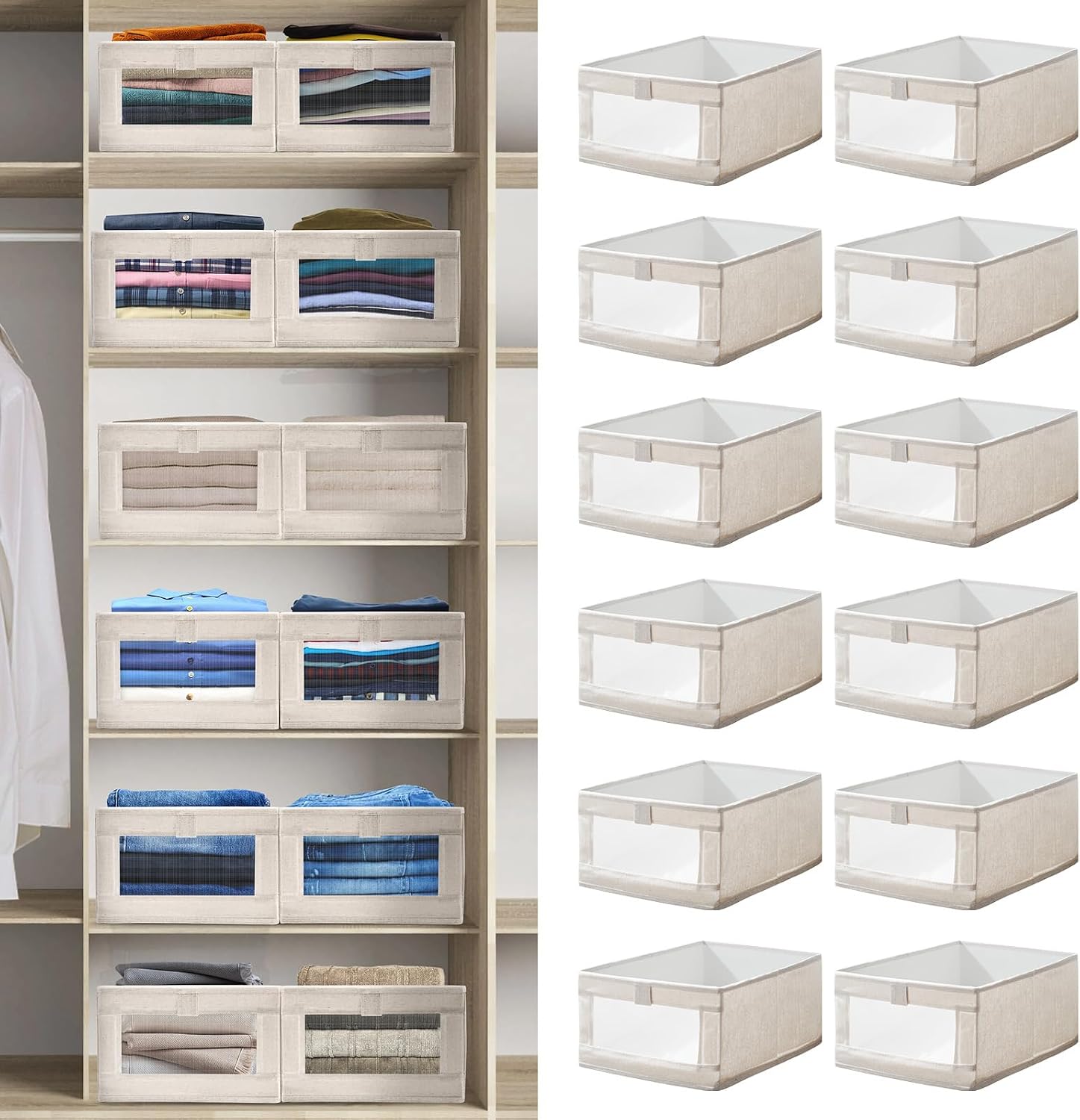 12 Pack Linen Organizers and Storage, Closet Storage Bins Linen Closet Baskets for Organization Foldable Organizer Bins with Clear Window for Organizing Clothing, Beige