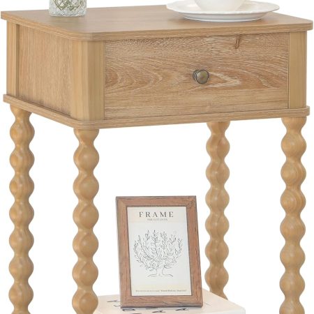 Night Stand, Wood End Table with Drawer for Living Room, Small Bedside Side Table with Spindle Wood Legs for Bedroom, Office, Rustic Walnut