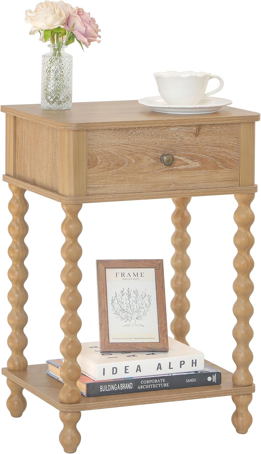 Night Stand, Wood End Table with Drawer for Living Room, Small Bedside Side Table with Spindle Wood Legs for Bedroom, Office, Rustic Walnut