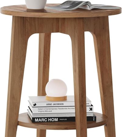 Round Side Table with Lower Shelf, End Table for Small Spaces, Nightstand for Living Room, Bedroom, Rustic Walnut, , 15.8 x15.8 x 19.7 Inches