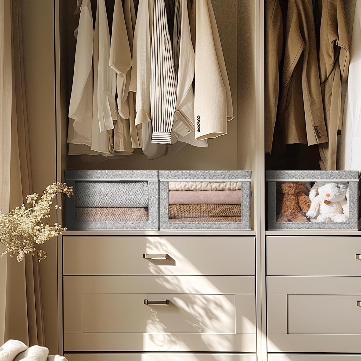 Foldable Storage Bin with Lid - Closet Storage Organizer with Window, Storage Bins with Lids for Clothes, Fabric Storage Baskets for Shelves, Bedroom, Dorm, Light Grey, 4 Pack - Image 2