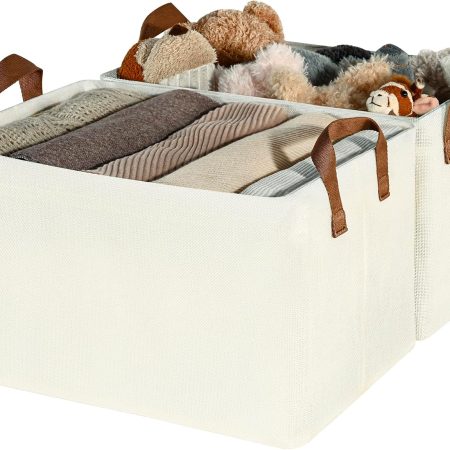 Shelf Storage Baskets/Closet Storage Bins (2-Piece Set) — Clothing storage bins with metal frames; large, foldable organizing baskets; ivory white