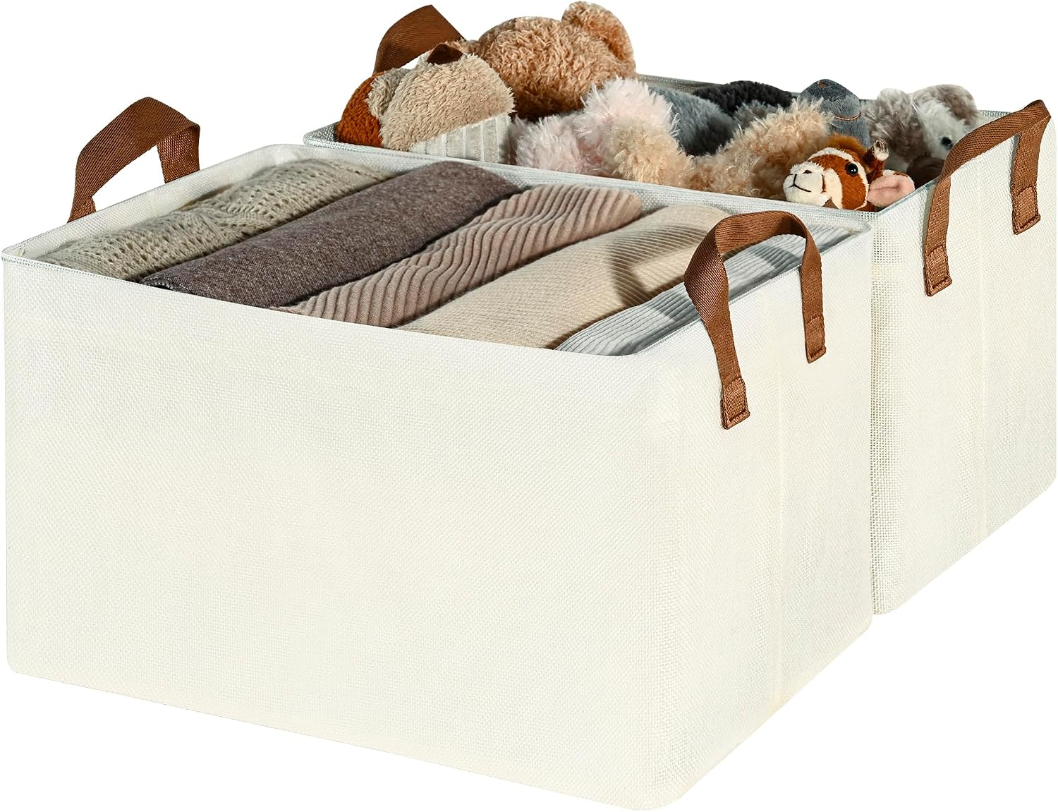 Shelf Storage Baskets/Closet Storage Bins (2-Piece Set) — Clothing storage bins with metal frames; large, foldable organizing baskets; ivory white