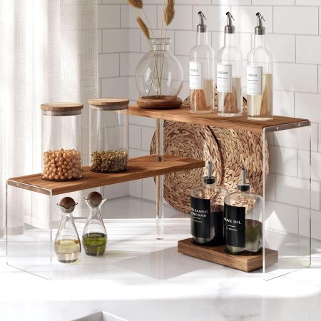 2 Tier Space-saving Retro Wooden-colored Kitchen Countertop Organizer, Corner Counter Shelf for Kitchen Storage，Spice Rack Cabinet Stackable Organization for Bathroom Office Bedroom