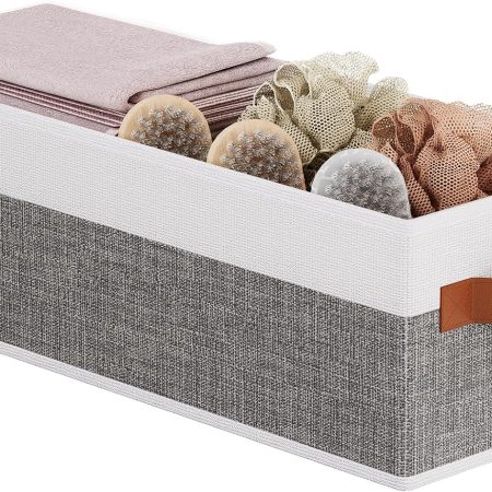 Collapsible Storage Bins 1-Pack, Foldable Baskets for Organizing, Clothes Boxes with Handles, Fabric Cubes Containers, White and Gray, 15 x 6 x 5 Inch