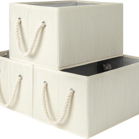 Storage Baskets for Shelves, Foldable Fabric Closet Storage Bins with Handles, Fabric Storage Bins Clothes Organizer, Beige, White & Ivory, 3-Pack, Large