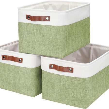 Large fabric storage basket/bin (3-pack)—suitable for shelves, decorative linen-look closet storage basket with handles, home/office storage bin (green and white color scheme)