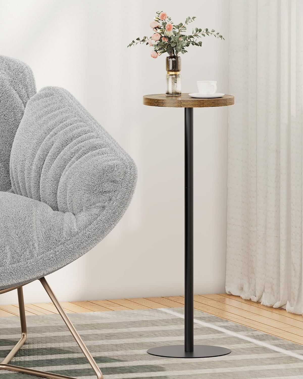 Round High Side Table, Small Side Table, Side Table, Beverage Table, Pedestal Side Table, for Living Room, Brown