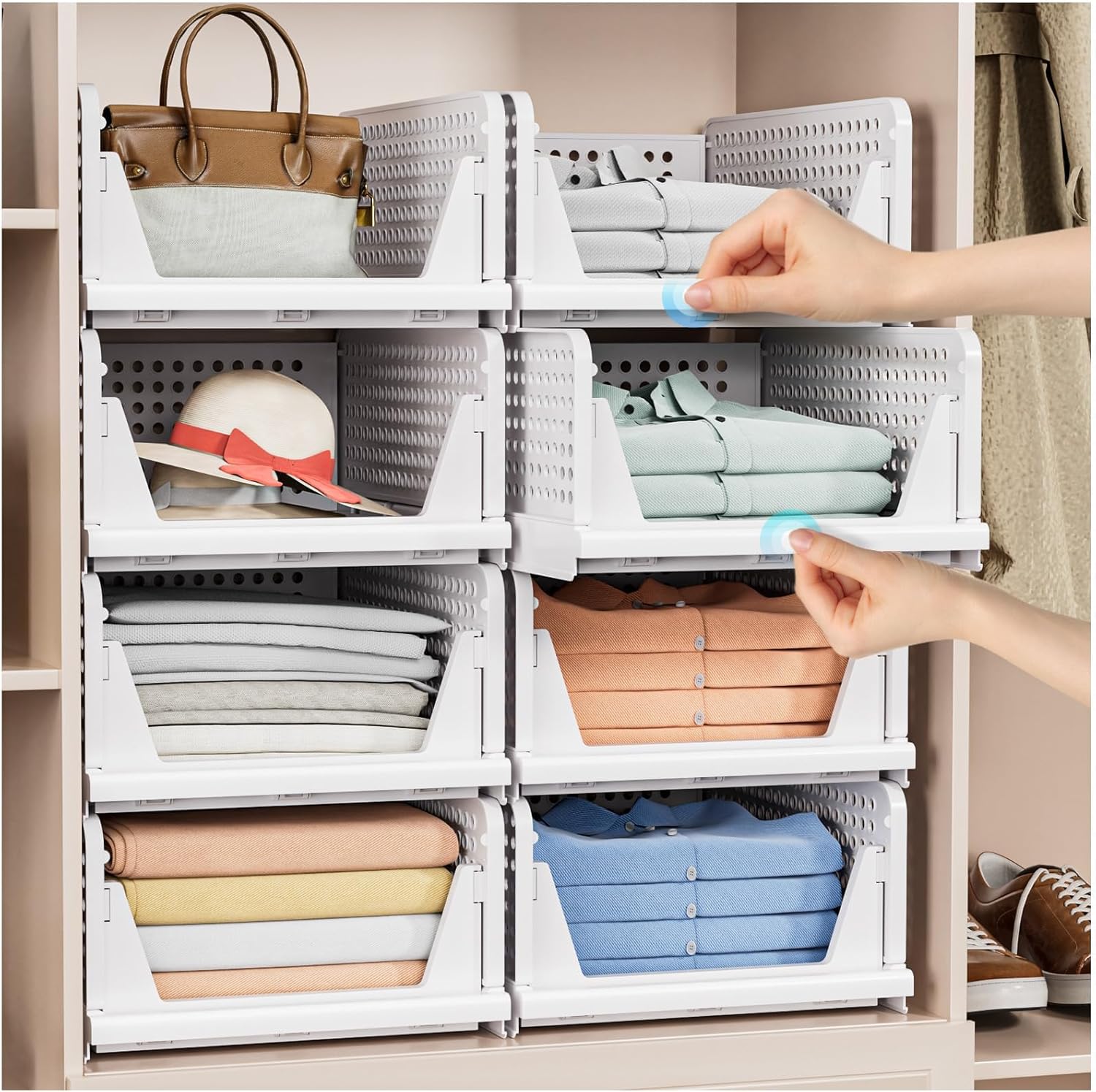 Stackable closet storage basket 5-pack—multifunctional collapsible wardrobe storage bin, space-saving, suitable for closets, cupboards, and drawers (for hats, etc.), white - Image 2