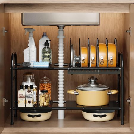 Under Sink Storage Rack, Pot Storage Rack, Extendable, 2-Tier, Easy Assembly, Under Sink Extendable Shelf, Kitchen Storage