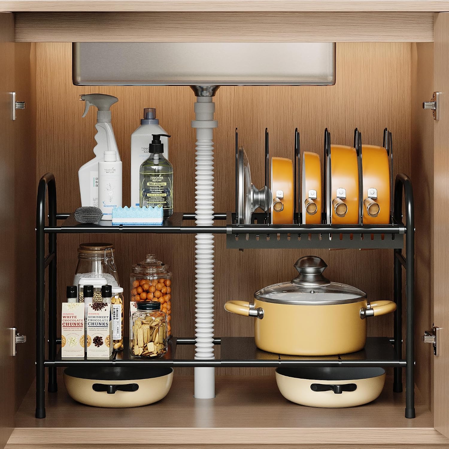 Under Sink Storage Rack, Pot Storage Rack, Extendable, 2-Tier, Easy Assembly, Under Sink Extendable Shelf, Kitchen Storage