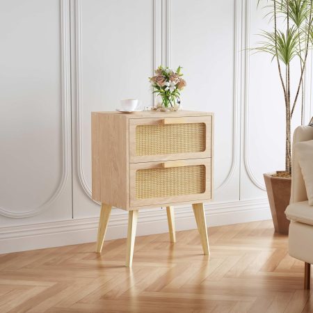 Rattan Nightstand, Wood End Table, Side Table with 2 Hand Made Rattan Decorated Drawers,Boho Bedside Table,Wood Accent Table with Storage for Livingroom, Bedroom, Natural